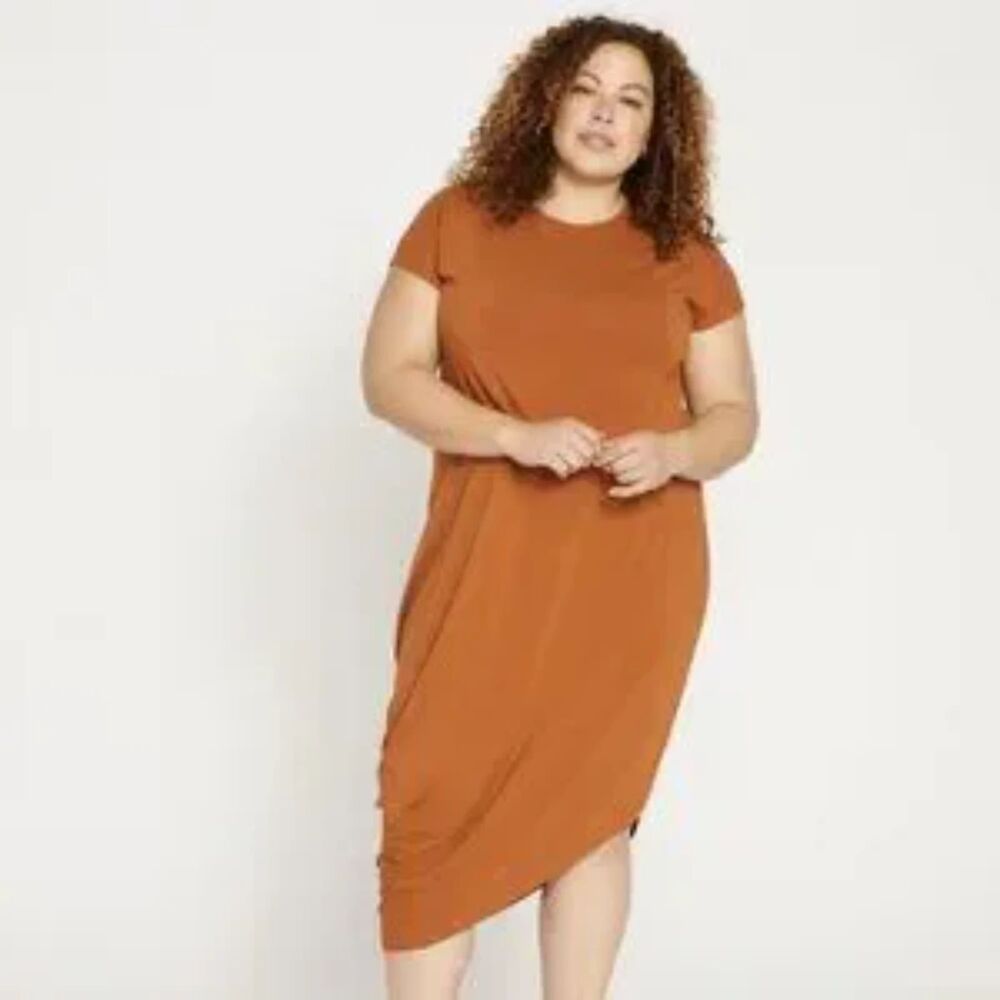 Universal Standard Geneva Dress Caramel Cafe Brown 4XS 0-2 Cotton Asymmetrical